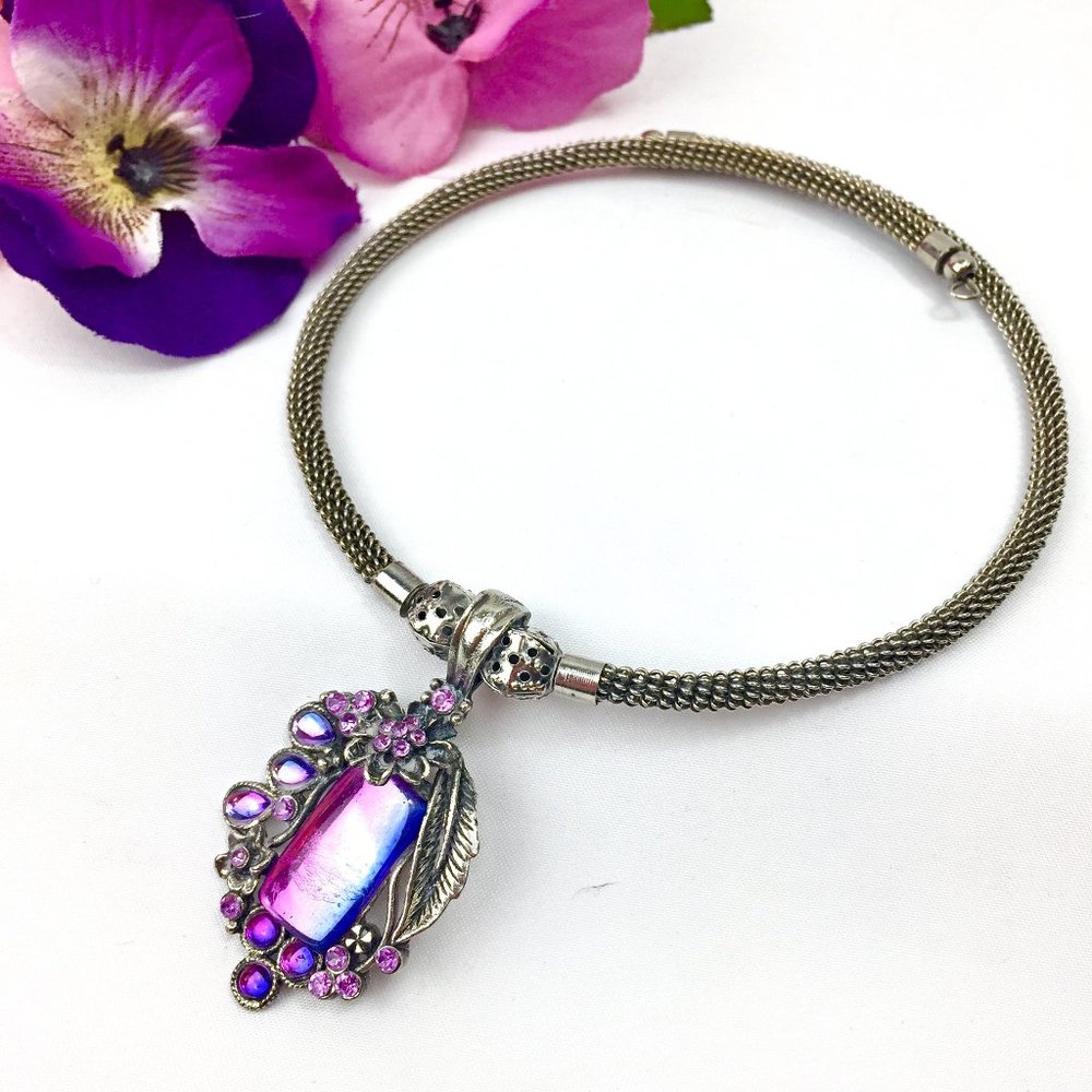 Vintage Purple Diachroic Glass & Pink Crystal Floral Pendant Wire Choker